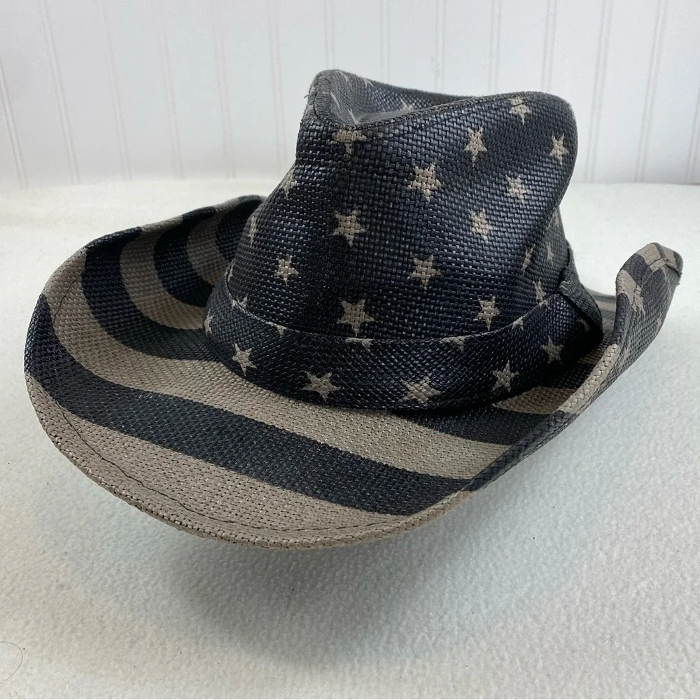 USA Flag Design Cowboy Hat‎ Khaki and Dark Gray Stripes and Stars One Size
